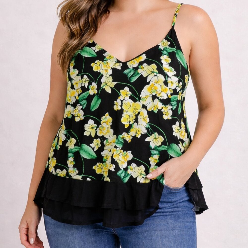 INC International Concepts Floral Tank Top XL Black Yellow Pansy Ruffle Hem NWT